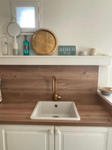 a sink in a kitchen with a wooden counter top at Pretty house with garden near Reims Champagne in Cormontreuil +15 photos