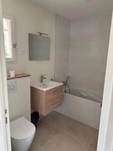 a bathroom with a toilet and a sink and a tub at Villa "belles feuilles" avec piscine et tennis in Trans-en-Provence +21 photos