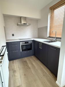 a kitchen with dark blue cabinets and a sink at Zeer comfortabel vakantiehuis op kleinschalig park 6 personen in Ewijk