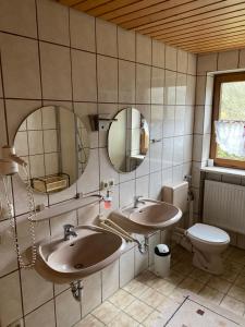 a bathroom with two sinks and a toilet and mirrors at Bärenhof in Tirschenreuth