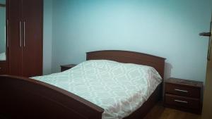 a bedroom with a bed and a blue wall at Savić- stan na dan in Nevesinje
