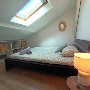 - une chambre avec un lit et une lucarne dans l'établissement La Cachette - Maisonnette - Wifi - TV, à Tours 9 autres photos