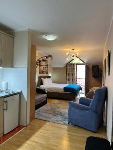 a bedroom with a bed and a kitchen and a living room at Apartments Aleksandra Cetinje in Cetinje