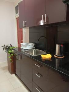 a kitchen with a sink and a black counter top at Dolfijn Studios in Paramaribo