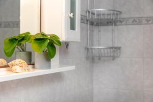 un baño con un estante con una planta en A V G E R I N O S Naxos, en Naxos Chora 23 fotos más
