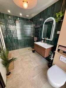 a bathroom with a shower and a toilet and a sink at Studio ciné au cœur de Compiègne in Compiègne