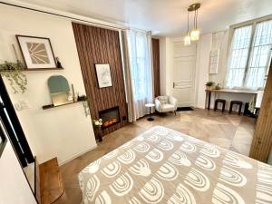 a living room with a bed and a fireplace at Studio ciné au cœur de Compiègne in Compiègne