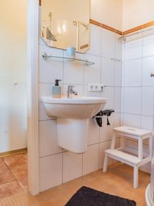 a bathroom with a sink and a mirror at Ferienhaus Drybarg in Simonsberg +29 photos