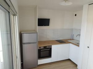 Una pequeña cocina con nevera y fregadero. en Studio cosy avec vue exceptionnelle sur l'étang de Thau, en Balaruc-les-Bains
