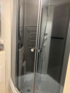 una doccia con una porta in vetro in un bagno di Studio IT on Tumo a Plungė