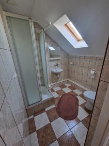 a bathroom with a shower and a toilet and a sink at Pensjonat Elżbieta in Łeba