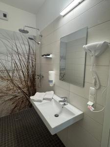 a bathroom with a sink and a mirror at City Inn Schwedt in Schwedt +73 photos