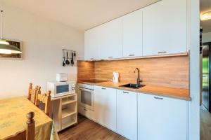 kuchnia z białymi szafkami, zlewem i kuchenką mikrofalową w obiekcie Arnica 15 - 4 pers - piscine w mieście Nendaz +3 zdjęcia