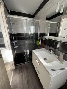 a bathroom with a white sink and a shower at Résidence Dalma appartement 7 in Cazaubon
