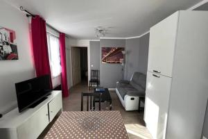 a living room with a couch and a tv at Résidence Dalma appartement 7 in Cazaubon