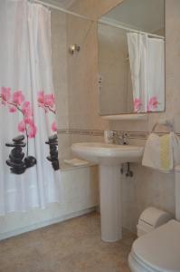 a bathroom with a sink and a toilet and a mirror at Hostería Somo in Somo