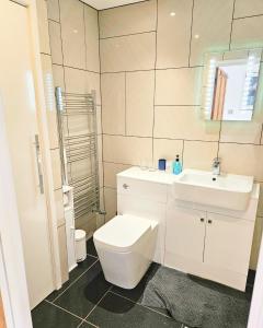 ブリクサムにあるBoutique Apartment Brixhamの白いトイレと洗面台のあるバスルーム +36枚の写真