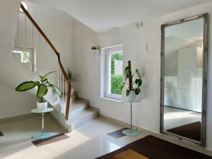 a hallway with stairs and a mirror and potted plants at Moderne Oase mit Panorama-Blick in Villach +42 photos