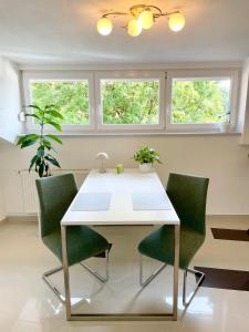 a white table and chairs in a room with windows at Moderne Oase mit Panorama-Blick in Villach
