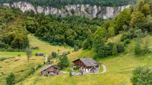 an aerial view of a house on a hill at Cozy Studio With Terrace Bbq Mountain View in Ober Stafel