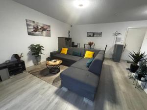a living room with a blue couch and yellow pillows at Appartement T2 Le galant vert avec clim et parking in Aucamville