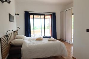 ein Schlafzimmer mit einem Bett und einem großen Fenster in der Unterkunft La terrasse du Colombier in Lantenay