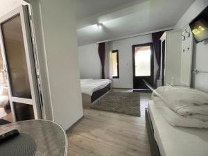 a room with two beds and a table and a mirror at Gama House & Garden with restaurant in Vişeu de Sus