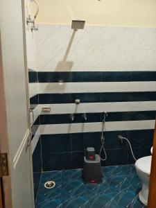 a bathroom with a blue and white striped wall at De Classico Residency in Ayodhya