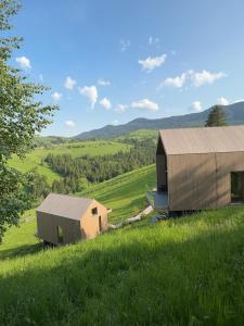 an open field with two barns in the grass at Vershe in Verkhovyna
