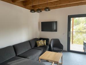a living room with a couch and a table and a tv at Chatka za vodou in Trutnov