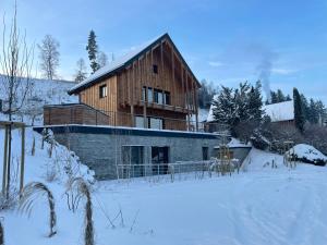 a large wooden house in the snow at Chatka za vodou in Trutnov