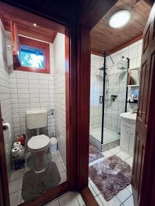 un baño con inodoro y ducha en Kemencés vendégház, en Balatonfenyves 11 fotos más