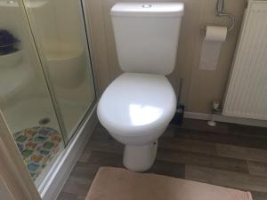 a white toilet in a bathroom with a shower at 3 bed family static caravan in Selsey +2 photos
