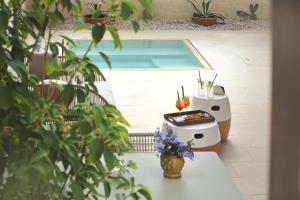 a patio with a pool and a table with plants at Masseria Borgo Sentinella in Torre dell'Orso