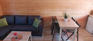 een woonkamer met een bank en een tafel bij Domki Milena in Mieroszyno