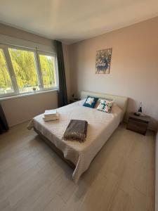 a bedroom with a bed and two windows at NM Residence in Shkorpilovtsi