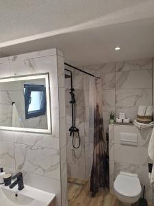 a bathroom with a shower and a toilet and a sink at Oaza mira 1 in Jajce +23 photos