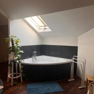 eine große Badewanne in einem Raum mit Oberlicht in der Unterkunft Les écuries du château in Boissy-Saint-Léger + 58 Fotos