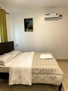 een slaapkamer met een bed en airconditioning bij Entebbe Waterfront Home in Kagolomolo