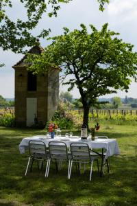 a white table with chairs and a tree in a field at Hostel du chateau in Saint-Émilion