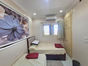 エル・アラメインにあるMarina 2 luxury Chalet Sea View Alamein 3 bedroomsの花の絵画が飾られた部屋