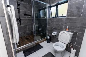 a bathroom with a shower with a toilet and a glass shower stall at Gaborone City Center stay, ultrafast wifi & near CBD & Airport in Joverega +3 photos