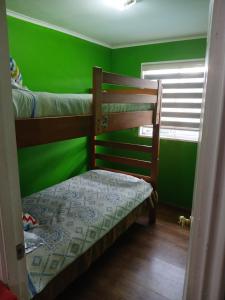 a green room with two bunk beds in it at Cabaña con tinaja de hidromasaje in Valdivia +12 photos
