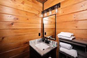 a bathroom with a sink and a mirror at Saving Grace Where the Mountains Save the Day in Pigeon Forge