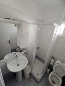 a bathroom with a toilet and a sink and a shower at Kalliopi's Aegean View in Episkopíon +18 photos