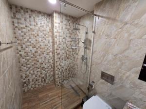 a bathroom with a glass shower with a toilet at Ararat View Apartments in Yerevan +7 photos