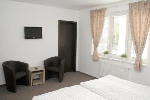 a bedroom with two chairs and a bed and a television at Penzion Aladdin in Teplice