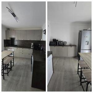 zwei Bilder einer Küche mit Kühlschrank und Tisch in der Unterkunft Villa 4 pièces à Fréjus Plage 5 min plage, clim, parking & BBQ in Fréjus