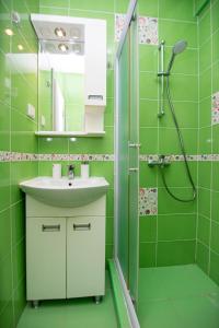Un baño verde con lavabo y ducha. en KlubNika, en Budva