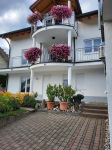 a white building with flowers on the balconies at Ferienwohnung Schiffner in Hengnau